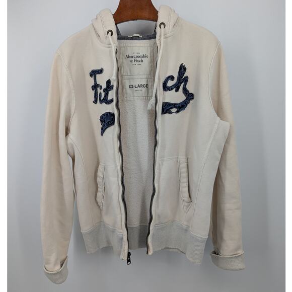 Y2K Abercrombie Fitch Cream Hoodie Zip Up Distressed Logo Spellout M - Picture 2 of 10